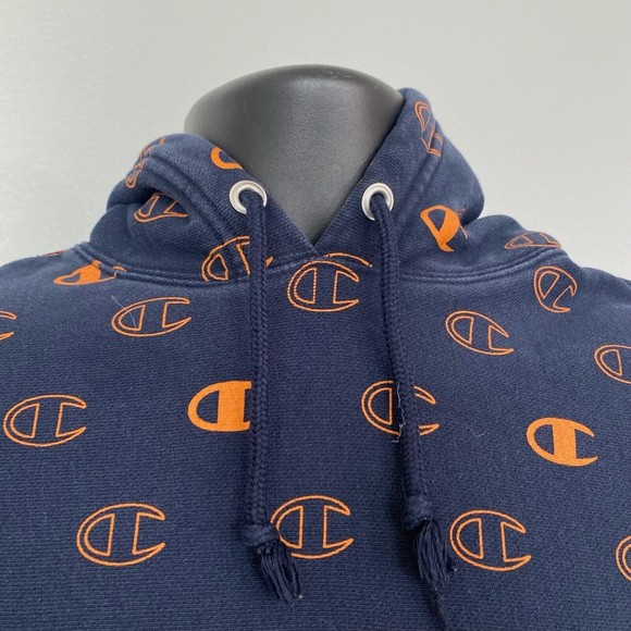Champion Reverse Weave All Over Print Pull Over Hoodie Mens Small Navy & Orange - Picture 2 of 4